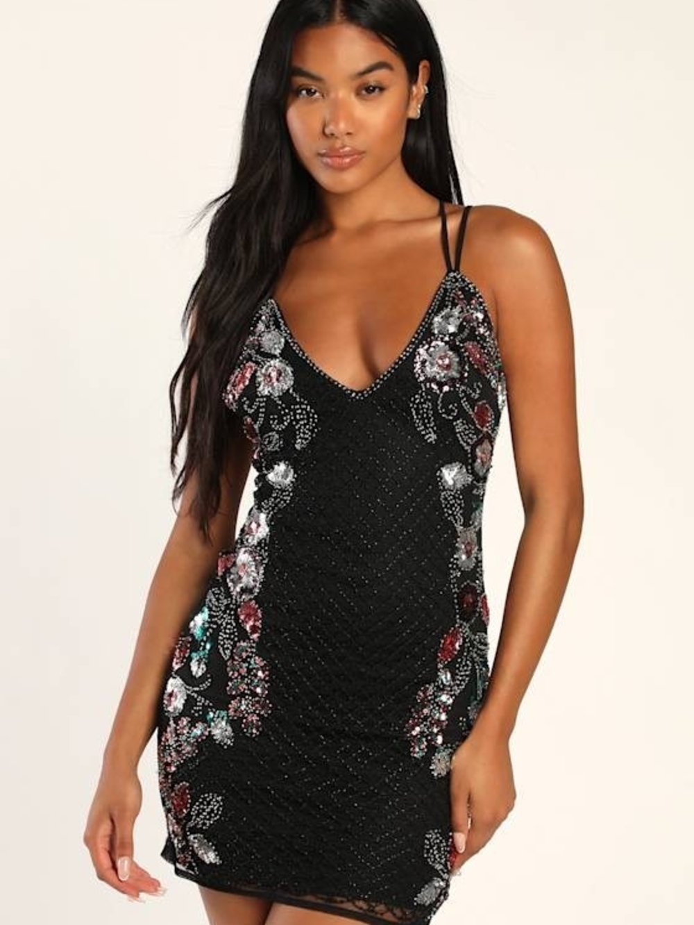 Embellished Black Sequin Floral Mini Dress